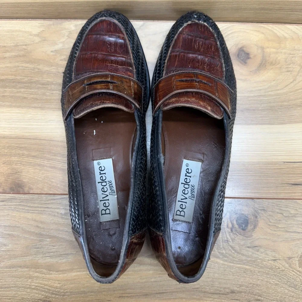 Belvedere Crocodile Woven Penny Loafers Mens 8.5 M Brown Black Slip On Modern